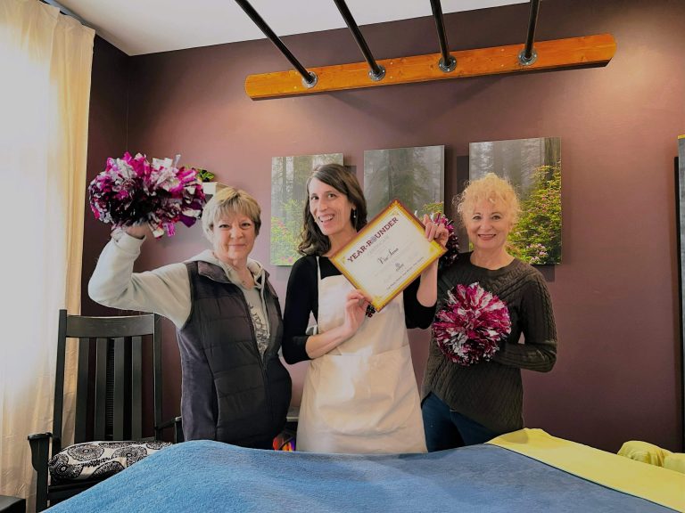 Ouray Year Rounder Business Bridget with Main Street Committee & Year Rounder Certificate